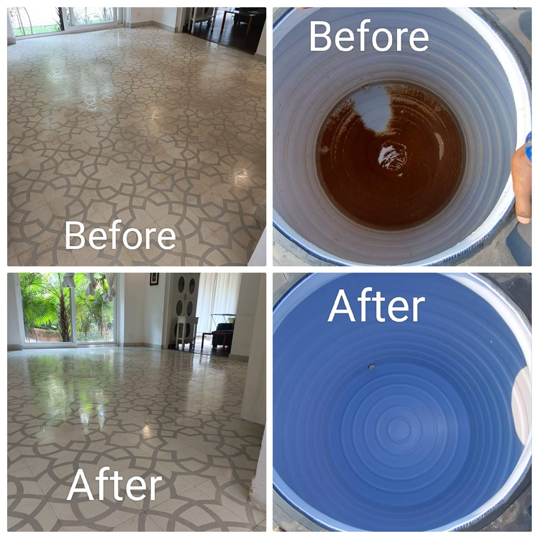 Before and after comparison of a polished floor and a cleaned water tank