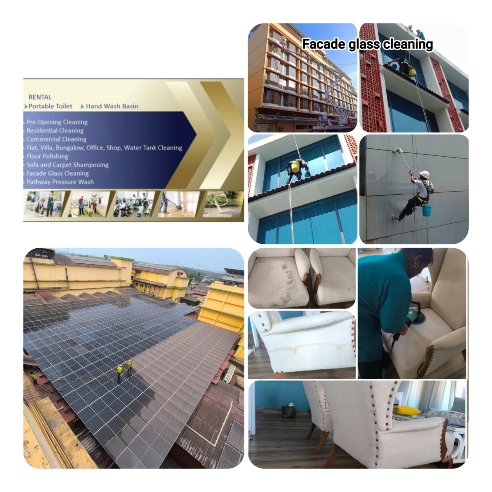 Collage of facade glass cleaning, solar panel washing and sofa shampooing