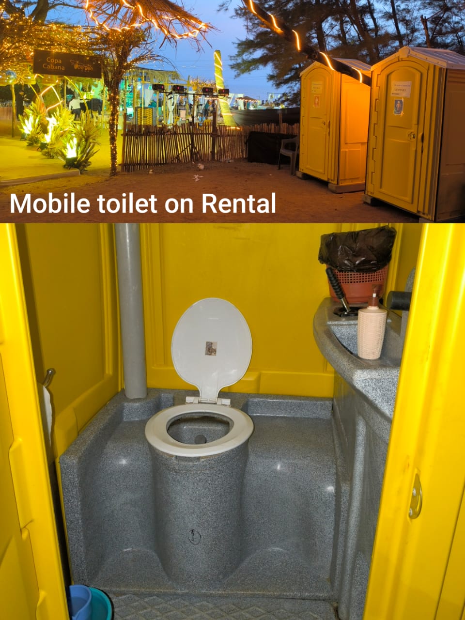 Portable toilets at an evening beach event and a clean cabin interior